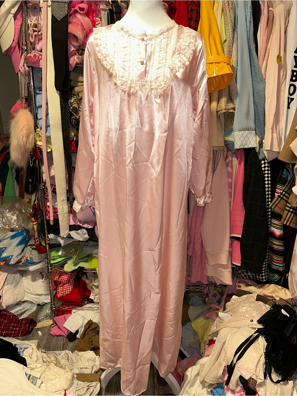 Long Satin Lace-Trim Nightgown in Light Pink